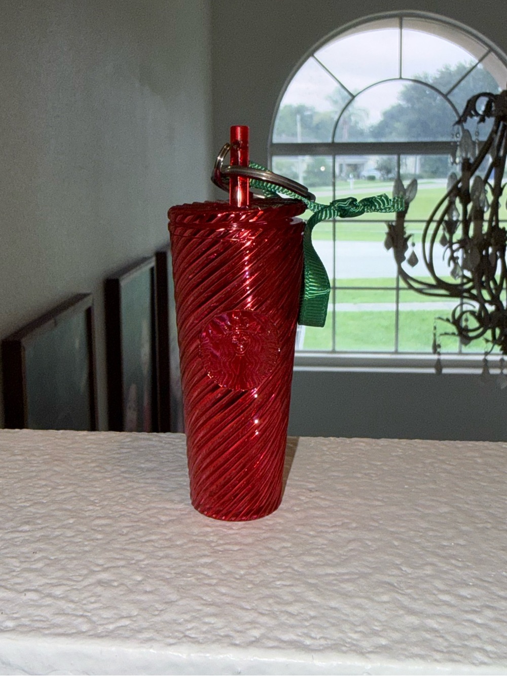 Red Swirled Tumbler with Straw and Green Ribbon Keychain
